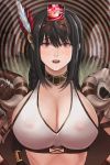  1girl bangs barbara_(brown_dust) black_hair breasts brown_dust cleavage empty_eyes eshengrenniao highres hypnosis large_breasts long_hair looking_at_viewer mind_control open_mouth red_eyes red_feathers solo tank_top white_feathers 