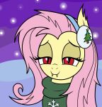 2024 bat_pony christmas clothing earmuffs equid fangs female feral flutterbat_(mlp) fluttershy_(mlp) friendship_is_magic hair hasbro headshot_portrait hi_res holidays lidded_eyes looking_at_viewer mammal my_little_pony pink_hair portrait pupils red_clothing red_eyes red_sweater red_topwear slit_pupils smile smiling_at_viewer snow solo sweater teeth topwear vomitvomiting yellow_body