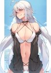  1girl ahoge bangs bare_shoulders bikini biting black_choker black_sweater blue_sky blush border breasts choker cleavage clenched_teeth cloud eyebrows_visible_through_hair fate/grand_order fate_(series) hair_between_eyes halterneck hands_in_pockets jeanne_d&#039;arc_(alter)_(fate) jeanne_d&#039;arc_(fate)_(all) jjune large_breasts lip_biting long_hair looking_to_the_side multiple_straps navel off_shoulder silver_hair sky standing stomach sweat sweater swimsuit teeth thighs very_long_hair wet white_bikini white_border white_swimsuit yellow_eyes 