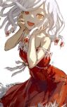  1girl breasts cowboy_shot dress hands_on_own_face highres long_hair looking_at_viewer monogatari_(series) nademonogatari open_mouth red_dress red_eyes sengoku_nadeko simple_background sketch small_breasts smile snake_hair solo strap_slip taki_(a313131333) white_background white_hair 