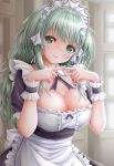  1girl akino_irori alternate_costume apron blurry blurry_background breasts cleavage detached_collar enmaided fingers_together frills frog_hair_ornament green_eyes green_hair hair_ornament hair_ribbon hair_tubes highres kochiya_sanae large_breasts long_hair looking_at_viewer maid maid_headdress ribbon solo touhou waist_apron wristband 