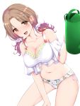  1girl bangs bikini bikini_bottom bracelet breasts brown_eyes brown_hair cleavage commentary_request floral_print flower hair_ornament hair_scrunchie hairclip highres ichikawa_hinana idolmaster idolmaster_shiny_colors jewelry large_breasts long_hair looking_at_viewer low_twintails navel open_mouth parted_bangs print_bikini rocha_(aloha_ro_cha) scrunchie solo swimsuit twintails white_background 