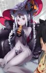  1girl abigail_williams_(fate/grand_order) abigail_williams_(swimsuit_foreigner)_(fate) bangs bare_shoulders bikini black_bikini black_bow blush bow breasts collarbone double_bun eating fate/grand_order fate_(series) food forehead fujimaru_ritsuka_(male) grey_background highres keyhole long_hair mamezou_(tzakki023) micro_bikini multiple_bows navel orange_bow parted_bangs pizza red_eyes sidelocks simple_background small_breasts smile staff swimsuit tentacles thighs third_eye very_long_hair white_hair white_skin 