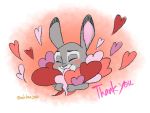  &lt;3 2020 4:3 ambiguous_gender blush disney english_text eyes_closed fur grey_body grey_fur judy_hopps lagomorph leporid mammal nklove3104 rabbit signature simple_background smile text zootopia 