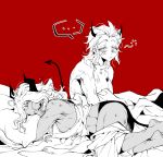  ... bed bed_sheet bite_mark black_horns breasts cleavage dark_skin demon_girl demon_horns demon_tail helltaker hickey horns isal judgement_(helltaker) justice_(helltaker) long_hair multiple_girls open_mouth pillow red_background scar short_hair sleeping tail tank_top toned waking_up white_hair 