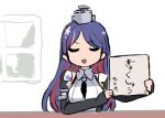  1girl black_jacket black_necktie blue_hair breasts closed_eyes collared_shirt dress_shirt facing_viewer headgear jacket kantai_collection large_breasts long_hair military_uniform multicolored_hair necktie red_hair shirt sign smile solo south_dakota_(kancolle) terrajin white_shirt window 