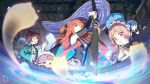  4girls absurdres alchemy atelier_(series) atelier_ayesha atelier_lydie_&amp;_suelle atelier_rorona atelier_sophie_2 black_hat brown_hair carelier11 cauldron chinese_commentary commentary_request ghost hand_up hands_up hat highres holding hom_(atelier) in-franchise_crossover index_finger_raised indoors long_hair long_sleeves lydie_malen multiple_girls open_mouth own_hands_together pink_eyes pink_hair pointy_ears purple_hair red_hair short_hair smile sophie_neuenmuller stirring wilbell_voll-ersleid witch witch_hat 