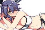  1girl bikini breasts cleavage commentary_request cowboy_shot eyepatch headgear kantai_collection laco_soregashi large_breasts lying navel on_stomach purple_hair short_hair side-tie_bikini simple_background solo swimsuit tenryuu_(kantai_collection) twitter_username white_background white_bikini yellow_eyes 