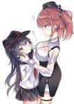  2girls ? akatsuki_(kantai_collection) anchor_hair_ornament anchor_symbol atlanta_(kantai_collection) black_hair black_headwear black_sailor_collar black_skirt breasts brown_hair cheek_pinching dress_shirt earrings eye_contact fathom flat_cap garrison_cap grey_eyes hair_between_eyes hair_ornament hat height_difference high-waist_skirt highres jewelry kantai_collection large_breasts long_hair long_sleeves looking_at_another multiple_girls neckerchief pinching purple_eyes red_neckwear remodel_(kantai_collection) sailor_collar school_uniform serafuku shirt simple_background skirt star_(symbol) star_earrings thigh_strap two_side_up white_background white_shirt 