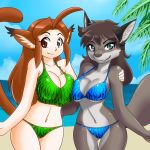  1:1 anthro beach bikini breasts canid canine canis clothing duo female hair humanoid mammal nekonny seaside smile swimwear wolf 