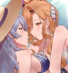  2girls :o absurdres bangs bare_shoulders betabeet bikini blue_bikini blue_flower blush braid breasts brown_eyes brown_hair brown_headwear collarbone eye_contact eyebrows_visible_through_hair flower granblue_fantasy hair_flower hair_ornament hat highres light_rays long_hair looking_at_another lying medium_breasts multiple_girls on_back outdoors parted_lips side_braid sideboob sidelocks silva_(granblue_fantasy) silver_hair song_(granblue_fantasy) sun_hat sunbeam sunlight swept_bangs swimsuit upper_body white_bikini yuri 