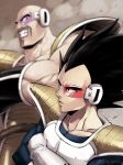  2boys armor bald black_eyes black_hair blurry blurry_background closed_mouth commentary_request crossed_arms dragon_ball dragon_ball_z gloves kamimura_(gin_cpu) male_focus multiple_boys muscle nappa scouter teeth vegeta watermark white_gloves 