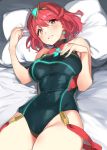  1girl 92m bangs bare_shoulders black_swimsuit blush breasts chest_jewel covered_navel earrings gem highleg highleg_swimsuit highres homura_(xenoblade_2) jewelry large_breasts looking_at_viewer lying on_back on_bed one-piece_swimsuit pillow red_hair red_swimsuit short_hair smile swept_bangs swimsuit thighs tiara two-tone_swimsuit xenoblade_(series) xenoblade_2 