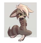  2020 anthro blep brown_body brown_fur cheek_tuft collar facial_tuft fur green_eyes green_tongue grey_background grey_body grey_fur hi_res kneeling mammal nude procyonid raccoon signature simple_background solo spiked_collar spikes tikko_(trashtikko) tongue tongue_out tuft yurusa 