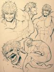  1boy abs bara black_sclera caligula_(fate/grand_order) collage earrings fate_(series) greyscale jewelry koryuu_(gackter10) male_focus monochrome multiple_views muscle navel nipples nude pectorals short_hair sketch smile teeth toned toned_male tongue tongue_out 