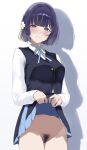  1girl blue_overskirt blue_ribbon blue_vest blush clothes_lift dera_self female_pubic_hair flower gakuen_idolmaster hair_flower hair_ornament hataya_misuzu hatsuboshi_gakuen_school_uniform highres idolmaster lifting_own_clothes long_sleeves looking_at_viewer mole mole_under_mouth neck_ribbon no_panties pleated_skirt pubic_hair purple_hair pussy ribbon school_uniform shirt short_hair simple_background skirt skirt_lift skirt_set smile solo standing vest white_background white_shirt 