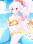  !? 2girls absurdres beach bikini blush breasts cat_(nyanko_daisensou) cloud cloudy_sky covering_breasts covering_privates curly_hair flower frilled_bikini frills hair_ornament high_ponytail highres inflatable_dolphin inflatable_toy kai_(nyanko_daisensou) large_breasts long_hair multiple_girls navel neruth nude nyanko_daisensou orange_hair pegasa_(nyanko_daisensou) pink_eyes ponytail scrunchie sky striped_bikini striped_clothes surprised swimsuit very_long_hair white_hair 