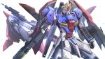  beam_rifle energy_gun glowing glowing_eyes gun gundam highres holding holding_gun holding_shield holding_weapon kenko_(a143016) looking_down mecha multiple_views no_humans shield v-fin weapon white_background yellow_eyes zeta_gundam zeta_gundam_(mobile_suit) 