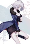  1girl ahoge bangs black_dress black_legwear blue_coat boots breasts coat collarbone dress fate/grand_order fate_(series) fur-trimmed_coat fur_trim hair_between_eyes jeanne_d&#039;arc_(alter)_(fate) jeanne_d&#039;arc_(fate)_(all) looking_to_the_side medium_breasts open_mouth short_dress short_hair silver_hair simple_background smile solo standing thighs undressing white_background wicked_dragon_witch_ver._shinjuku_1999 yellow_eyes yuno_tsuitta zipper 