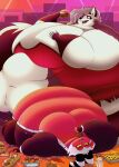 2024 5_fingers 878292_(artist) absurd_res anthro arm_tuft artist_name belly belly_tuft beverage big_belly big_breasts big_tail black_horn black_nose black_tail bottomwear bow_tie breasts burger candy canid canid_demon canine chili_dog chocolate chocolate_bar cleavage clothed clothing cookie demon dessert dress duo eating female fingerless_gloves fingers food fries fur gloves grey_body grey_fur grey_hair hair hand_on_breast handwear hellhound helluva_boss hi_res holding_burger holding_chocolate_bar holding_food holding_object horn hot_dog huge_belly huge_breasts huge_moobs huge_tail humanoid hyper hyper_belly imp looking_down_at_another loona_(helluva_boss) lying male mammal milkshake morbidly_obese morbidly_obese_anthro morbidly_obese_female morbidly_obese_humanoid morbidly_obese_male moxxie_(helluva_boss) multicolored_body multicolored_fur mythological_canine mythological_creature mythology navel noseless obese obese_anthro obese_female obese_humanoid obese_male on_back open_mouth overweight overweight_anthro overweight_female overweight_humanoid overweight_male pasta pizza red_body red_clothing red_dress red_sclera sandwich_(food) shoulder_tuft skirt spaghetti striped_horn stripes tail text textless torn_clothing tuft two_tone_body two_tone_fur two_tone_tail unbuttoned watermark weight_gain white_body white_eyes white_fur white_hair white_horn white_tail yellow_sclera
