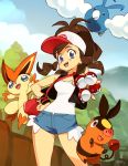  1girl 3others bag baseball_cap blue_eyes blush_stickers breasts brown_hair character_request commentary day denim denim_shorts english_commentary exposed_pocket gen_5_pokemon hand_on_hip handbag hat holding holding_poke_ball multiple_others optionaltypo poke_ball poke_ball_(basic) pokemon pokemon_(creature) pokemon_(game) pokemon_bw red_bag shorts small_breasts starter_pokemon tank_top tepig touko_(pokemon) vest wristband 