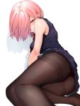  1girl ass bangs black_dress blush breasts brown_legwear dress fate/grand_order fate_(series) hair_over_one_eye highres large_breasts lavender_hair looking_at_viewer mash_kyrielight mikan_(chipstar182) necktie panties pantyhose pink_panties purple_eyes short_hair thighband_pantyhose thighs underwear 