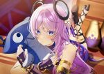  1girl absurdres bare_shoulders blue_eyes blush braid breasts citlali_(genshin_impact) doll facial_mark forehead_mark genshin_impact hair_ornament highres hugging_object jewelry long_hair looking_at_viewer pink_hair pink_pupils pout solo triangle triangle_facial_mark very_long_hair watatai 