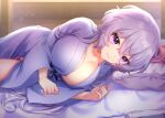  1girl bangs bed_sheet breasts cleavage collarbone eyebrows_visible_through_hair grin hair_between_eyes indoors japanese_clothes kimono large_breasts long_hair looking_at_viewer lying on_side open_clothes open_kimono panties pantyshot pillow pink_panties purple_eyes purple_kimono senki_zesshou_symphogear shiny shiny_hair silver_hair smile solo underwear very_long_hair wada_chiyon yukine_chris 