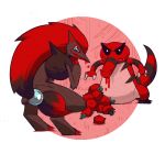  1:1 anthro berry black_body black_fur black_markings black_sclera canid canine claws duo eating food fruit fur hair highlights_(coloring) krookodile long_hair looking_at_viewer looking_back lullambii mammal markings nintendo plant pok&eacute;mon pok&eacute;mon_(species) ponytail red_body red_claws red_fur red_hair red_inner_ear red_markings reptile scalie sharp_teeth shoulder_tuft smile tamato_berry teeth toe_claws tuft video_games white_body white_claws white_eyes zoroark 
