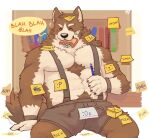 2024 5_fingers :3c abs anthro arm_support artist_name band-aid band-aid_on_face bandage bandage_on_face big_muscles black_lips black_nose blah_blah_blah blush blush_lines body_hair book bookshelf bottomwear bread brown_body brown_bottomwear brown_clothing brown_fur brown_shorts brown_wristband canid canine canis cel_shading chest_hair claws clothed clothing countershade_arms countershade_face countershade_fur countershade_hands countershade_torso countershading digital_media_(artwork) emoticon english_text eyes_closed finger_claws fingers food food_in_mouth fur furniture happy_trail heart_symbol hi_res holding_object holding_pencil ibispaint_(artwork) leo_(tangkookie) lips male mammal multicolored_body multicolored_fur muscular muscular_anthro muscular_male open_mouth pecs pencil_(object) portrait post-it_note ruff shaded sharp_teeth shorts sitting snout solo suspenders tail tan_body tan_countershading tan_fur tangkookie teeth text three-quarter_portrait three-quarter_view topless two_tone_body two_tone_fur wolf yellow_speech_bubble