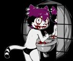 alternative_fashion anthro blood blood_in_sink blood_on_eye blood_on_face blood_on_mouth bodily_fluids breasts clothed clothing creepypasta domestic_cat e254e ear_piercing emo felid feline felis female gore grimdark hair hi_res horror_(theme) jeff_the_killer knife looking_at_viewer looking_back mammal markings mirror mostly_nude nipples no_eyelids panties panties_only permanent_smile piercing purple_hair self-harm side_boob sink small_breasts solo striped_markings striped_tail stripes tail tail_markings topless underwear underwear_only veronica_(e254e) white_body