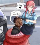  1boy 1girl absurdres artist_request car constriction george_floyd ground_vehicle gun gun_to_head heart heart-shaped_pupils highres lamia miia_(monster_musume) monster_girl monster_musume_no_iru_nichijou motor_vehicle police police_car police_uniform source_request speech_bubble symbol-shaped_pupils tail tail_wrap uniform weapon 