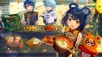  1girl 2boys ainy77 animal bangs bare_shoulders black_gloves blue_hair chili_pepper chongyun_(genshin_impact) chopsticks commentary_request day eating eyebrows_visible_through_hair fingerless_gloves food frown genshin_impact gloves hair_ornament hairclip holding holding_chopsticks holding_food long_sleeves looking_at_viewer medium_hair multiple_boys open_mouth outdoors plate short_hair sitting smile xiangling_(genshin_impact) xingqiu_(genshin_impact) 