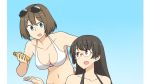  2girls bangs bikini black_bikini black_hair blue_background blue_eyes breasts brown_hair choukai_(kantai_collection) eyebrows_visible_through_hair eyewear_on_head glasses hair_ornament hairclip hamu_koutarou hand_on_hip highres kantai_collection long_hair lotion maya_(kantai_collection) medium_breasts multiple_girls navel red_eyes rimless_eyewear short_hair sunglasses sunscreen swimsuit white_bikini x_hair_ornament 