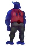  3_toes 5_fingers absurd_res alpha_channel anthro arebeano blue_body blue_hair border bottomwear butt christopher_wyvern close-up clothing dragon fingers hair hi_res horn male musclegut pants rear_view red_clothing scalie sleeveless_hoodie solo toes transparent_border 