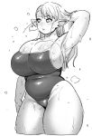  1girl arm_up armpits belly breasts bursting_breasts cleavage covered_navel curvy elf-san_wa_yaserarenai. erufuda-san highres huge_breasts long_hair monochrome parted_lips plump pointy_ears solo sweat swimsuit synecdoche thick_thighs thighs wet 