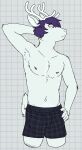 2024 9:22_(visual_novel) anthro antlers armpit_hair belly biped blue_eyes body_hair boxers_(clothing) boxers_only checkered checkered_background clothed clothing deer digital_drawing_(artwork) digital_media_(artwork) hair hand_behind_head hand_on_leg hand_on_thigh hi_res horn kurt_(9:22) looking_aside male male_anthro mammal multicolored_body navel nipples partially_clothed partially_clothed_male pattern_background pink_nipples portrait purple_boxers purple_clothing purple_hair purple_underwear short_tail simple_background slim solo standing tail three-quarter_portrait topless underwear underwear_only unsafescapewolf white_antlers white_background white_inner_ear white_sclera