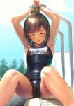  1girl armpits black_swimsuit blush brown_eyes brown_hair collarbone feet_out_of_frame highres i-401_(kantai_collection) kantai_collection name_tag one-piece_swimsuit one_eye_closed open_mouth ponytail restrained rope school_swimsuit shiden_(sashimi_no_wife) short_hair solo sweat swimsuit 