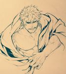  1boy angry bara black_sclera caligula_(fate/grand_order) chest earrings fate/grand_order fate_(series) greyscale holding jewelry koryuu_(gackter10) male_focus monochrome muscle nipples pectorals robe shirtless short_hair 