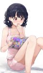 1girl bangs bare_arms bare_legs bare_shoulders black_hair commentary_request fangs flying_sweatdrops fukumaru_koito hand_to_own_mouth highres hiroki_(yyqw7151) idolmaster idolmaster_shiny_colors knees_up magazine medium_hair purple_eyes reading short_shorts shorts sitting skin_fangs solo tank_top twintails white_background 