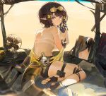  1girl anklet arknights bangs bare_shoulders black_hair blue_eyes blue_nails bottle breasts commentary_request convenient_arm eunectes_(arknights) eyebrows_visible_through_hair feet flower goggles goggles_on_head hair_flower hair_ornament highres holding holding_bottle jewelry koio looking_at_viewer looking_back mirror multiple_straps pointy_ears reflection short_hair short_shorts shorts sitting snake_tail solo sweatdrop tail tan tanline thigh_strap thighs toenail_polish topless wrist_guards yellow_nails 