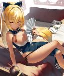  1girl bangs bed blonde_hair bow breasts china_dress chinese_clothes cleavage crossed_legs dark_skin dress elf eyebrows_visible_through_hair fan hair_bow high_ponytail highres holding holding_fan hololive kintsuba_(flare_channel) long_hair looking_at_viewer panty_straps pointy_ears red_eyes shiranui_flare sitting solo sukocchi thighs virtual_youtuber 