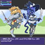 absurd_res amelia_steelheart anthro armor breasts canid canine canis clothing domestic_cat domestic_dog duo felid feline felis female gameplay_mechanics hat headgear headwear hi_res mammal melee_weapon nonarycubed sword unconvincing_armor weapon witch_hat