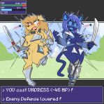 absurd_res amelia_steelheart anthro armor canid canine canis clothing domestic_cat domestic_dog duo embarrassed felid feline felis female gameplay_mechanics hi_res mammal melee_weapon nonarycubed outside sword torn_clothing weapon