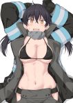  1girl arms_up bangs bikini bikini_top black_bikini black_coat black_gloves black_hair blush breasts cleavage coat collarbone crossed_bangs en&#039;en_no_shouboutai eyebrows_visible_through_hair gloves groin hip_vent large_breasts long_hair long_sleeves looking_at_viewer navel neon_trim open_clothes open_coat open_mouth orange_eyes shiseki_hirame simple_background solo sweatdrop swimsuit tamaki_kotatsu underboob upper_teeth v-shaped_eyebrows white_background 