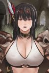  1girl bangs barbara_(brown_dust) black_hair breasts brown_dust cleavage eshengrenniao highres large_breasts long_hair looking_at_viewer open_mouth red_eyes red_feathers solo tank_top white_feathers 