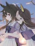  2girls absurdres ahoge animal_ears black_hair blue_eyes blush bow bowtie brown_hair closed_mouth dream_journey_(umamusume) ear_covers eyewear_strap glasses hair_between_eyes highres horse_ears horse_girl horse_tail hug hug_from_behind long_hair multicolored_hair multiple_girls parted_lips puffy_short_sleeves puffy_sleeves purple_bow purple_bowtie purple_eyes purple_shirt sailor_collar sailor_shirt school_uniform shirt short_sleeves shunka_shuto skirt stay_gold_(umamusume) streaked_hair tail tracen_school_uniform umamusume white_hair white_sailor_collar white_skirt yuri 