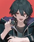  1boy :d black_hair black_hoodie black_shirt character_doll chinese_commentary collarbone commentary_request diqiu_online doll dual_persona earrings ensemble_stars! fang hair_between_eyes hair_over_shoulder hand_up highres holding holding_doll hood hood_down hoodie jacket jewelry looking_down male_focus medium_hair open_clothes open_jacket red_background red_eyes sakuma_rei_(ensemble_stars!) shirt simple_background skin_fang smile solo stud_earrings upper_body 