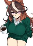  1girl absurdres animal_ears black_hair breasts brown_hair closed_mouth cup green_sweater highres holding holding_cup horse_ears large_breasts long_hair long_sleeves looking_at_viewer multicolored_hair pink_eyes shirt simple_background solo sweater symboli_rudolf_(umamusume) thighs umamusume vvernerluniq white_background white_hair white_shirt 