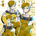  16personalities 1girl adventurer_(16personalities) bare_shoulders black_shirt blonde_hair breasts closed_mouth cloumello collarbone commentary earrings guitar headband highres holding holding_guitar holding_instrument holding_paint_palette holding_paintbrush instrument jewelry looking_at_viewer multiple_views musical_note myers-briggs_type_indicator necklace open_mouth overalls paint_palette paintbrush shirt short_hair smile yellow_eyes yellow_headband yellow_overalls yellow_theme 